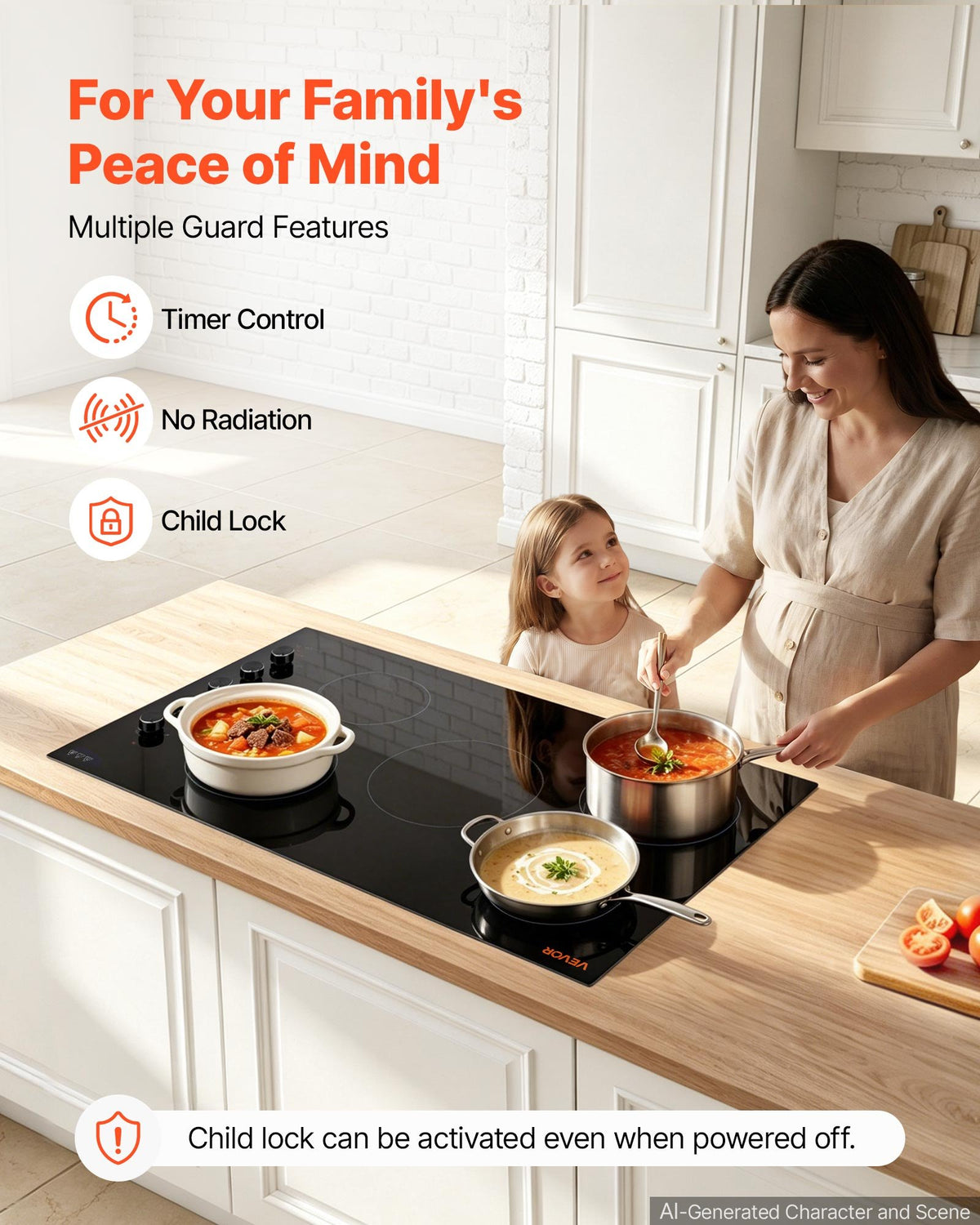 VEVOR Electric Cooktop 36inch 5 Burners Stove Top 8800W 220V No Plug, Ceramic Built-in Radiant Electric Stove , with 11 Power Levels, Timer, Child Lock, Over-Heat Guard, Knob/Touch Control - DTLQRS5GLT36BW9RI001V7 - view 7