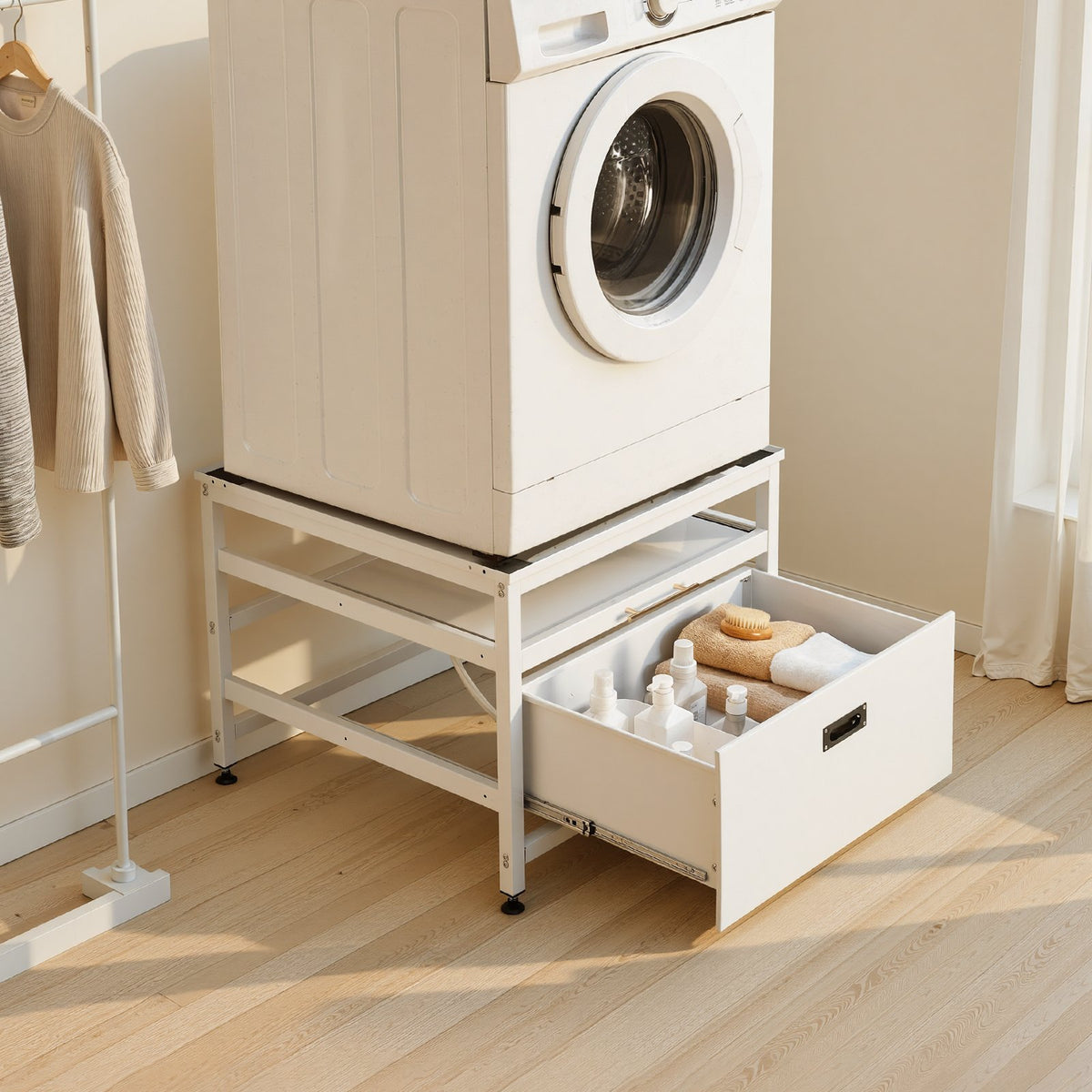 VEVOR Laundry Pedestal, 23 in Height, 29 x 29 in Washer and Dryer Pedestals with Pull-out Tray and Storage Space, 700 lbs Load Capacity, Non-Slip Feet Washing Machine Stand Universal Fit, White - DTPHCWKJ2929B1442001V0 - view 9