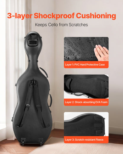 VEVOR 4/4 Full Size Cello Case, Composite Carbon Fiber, Lightweight Portable Travel Carrying Bag, with Plush Lining, Dual Shoulder Straps, Anti-Scratch, Professional Cello-Shape, for Cello, Black - DTQHTQXFHTXWD8QQ8001V0 - view 3