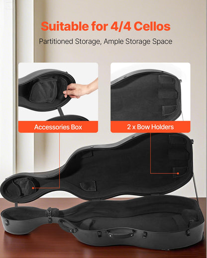 VEVOR 4/4 Full Size Cello Case, Composite Carbon Fiber, Lightweight Portable Travel Carrying Bag, with Plush Lining, Dual Shoulder Straps, Anti-Scratch, Professional Cello-Shape, for Cello, Black - DTQHTQXFHTXWD8QQ8001V0 - view 4