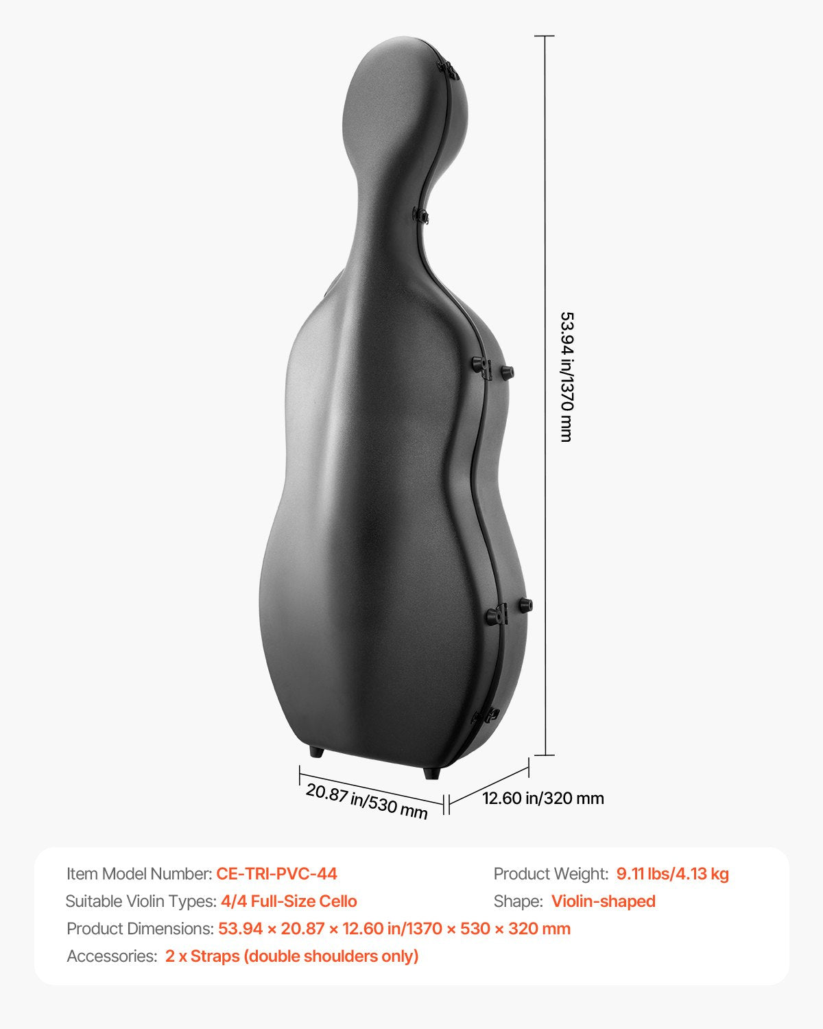 VEVOR 4/4 Full Size Cello Case, Composite Carbon Fiber, Lightweight Portable Travel Carrying Bag, with Plush Lining, Dual Shoulder Straps, Anti-Scratch, Professional Cello-Shape, for Cello, Black - DTQHTQXFHTXWD8QQ8001V0 - view 8