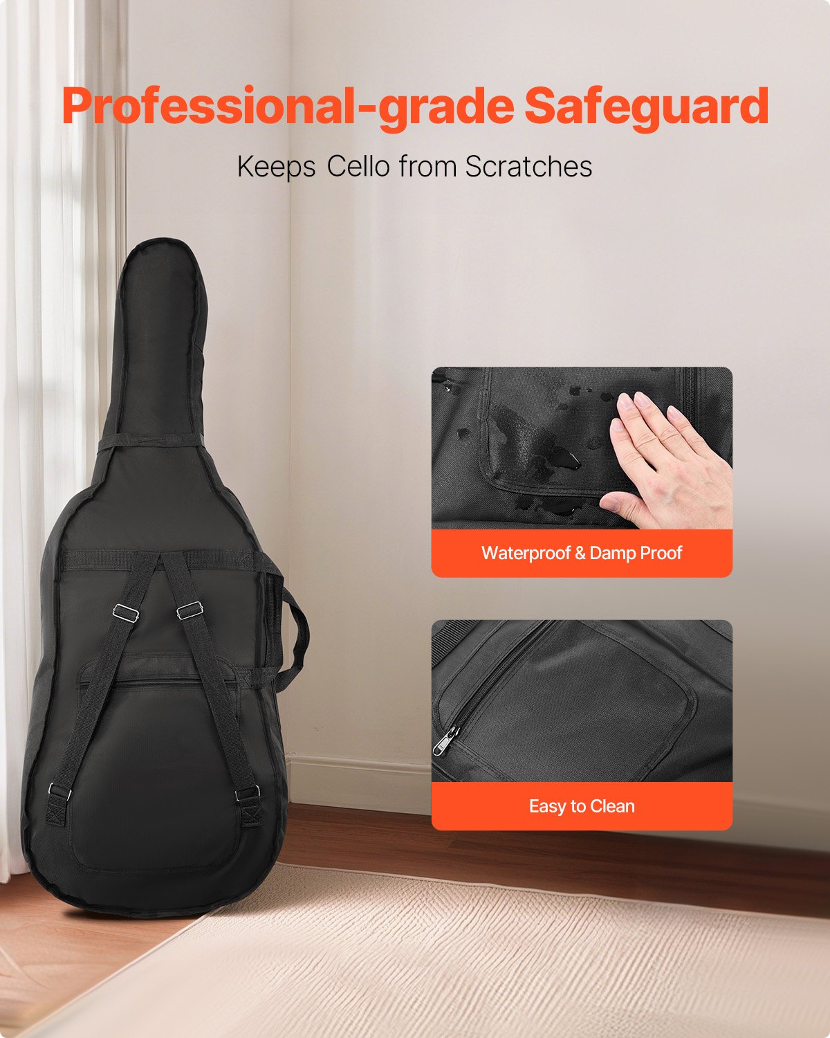 VEVOR 4/4 Full Size Cello Case, Nylon Waterproof, Lightweight Portable Travel Carrying Bag, with Reinforced Handle, Dual Shoulder Straps, Anti-Scratch, Professional Cello-Shape, for Cello, Black - DTQHTQXNLXH4SBV0V001V0 - view 3