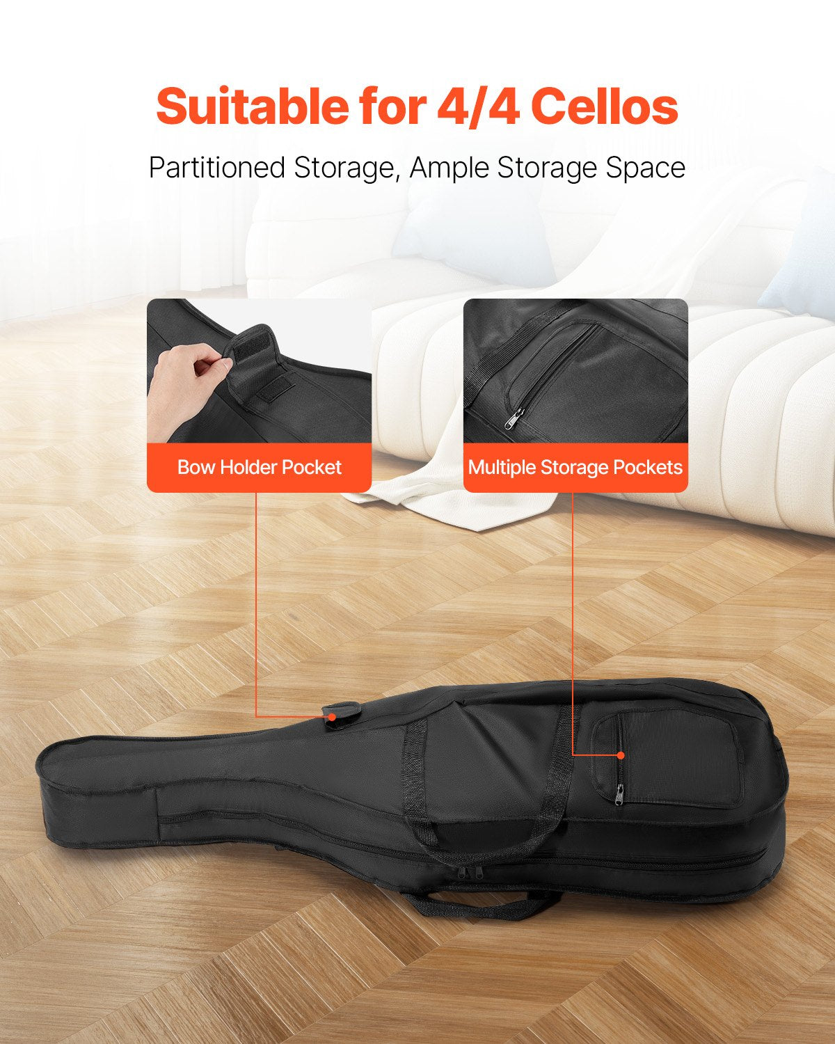 VEVOR 4/4 Full Size Cello Case, Nylon Waterproof, Lightweight Portable Travel Carrying Bag, with Reinforced Handle, Dual Shoulder Straps, Anti-Scratch, Professional Cello-Shape, for Cello, Black - DTQHTQXNLXH4SBV0V001V0 - view 4