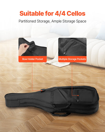 VEVOR 4/4 Full Size Cello Case, Nylon Waterproof, Lightweight Portable Travel Carrying Bag, with Reinforced Handle, Dual Shoulder Straps, Anti-Scratch, Professional Cello-Shape, for Cello, Black - DTQHTQXNLXH4SBV0V001V0 - view 4
