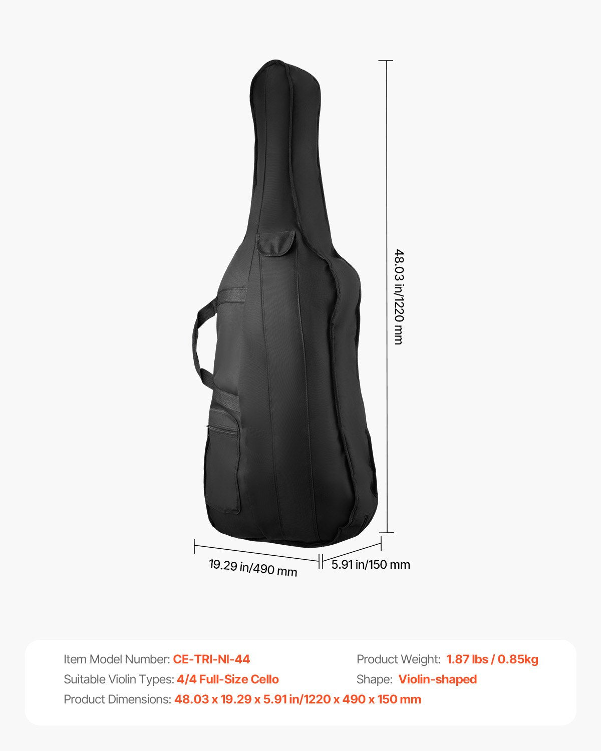 VEVOR 4/4 Full Size Cello Case, Nylon Waterproof, Lightweight Portable Travel Carrying Bag, with Reinforced Handle, Dual Shoulder Straps, Anti-Scratch, Professional Cello-Shape, for Cello, Black - DTQHTQXNLXH4SBV0V001V0 - view 8