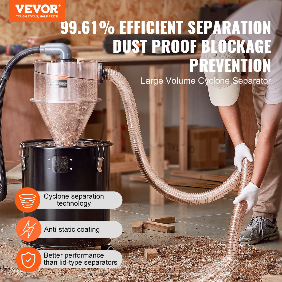 VEVOR Cyclone Dust Separator with Metal Tank, 4" Retrofit Cyclone Separator for Dust Collectors, ABS Dust Deputy With 2" Hole O.D. Connector & Hose for Wet/Dry Shop Vacuums, Fits 13.21 Gallon Tank - DTXFCCQTJZXBLCKLWV0 - view 3