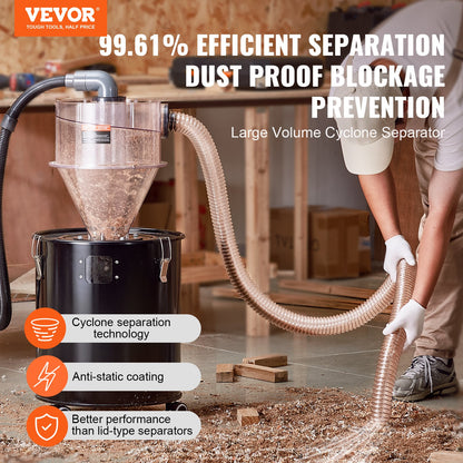 VEVOR Cyclone Dust Separator with Metal Tank, 4" Retrofit Cyclone Separator for Dust Collectors, ABS Dust Deputy With 2" Hole O.D. Connector & Hose for Wet/Dry Shop Vacuums, Fits 13.21 Gallon Tank - DTXFCCQTJZXBLCKLWV0 - view 3