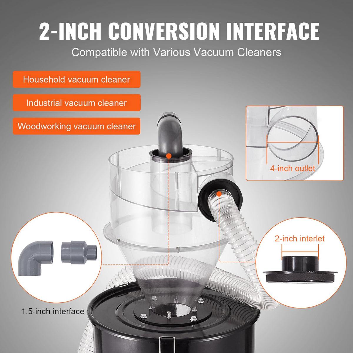VEVOR Cyclone Dust Separator with Metal Tank, 4" Retrofit Cyclone Separator for Dust Collectors, ABS Dust Deputy With 2" Hole O.D. Connector & Hose for Wet/Dry Shop Vacuums, Fits 13.21 Gallon Tank - DTXFCCQTJZXBLCKLWV0 - view 5