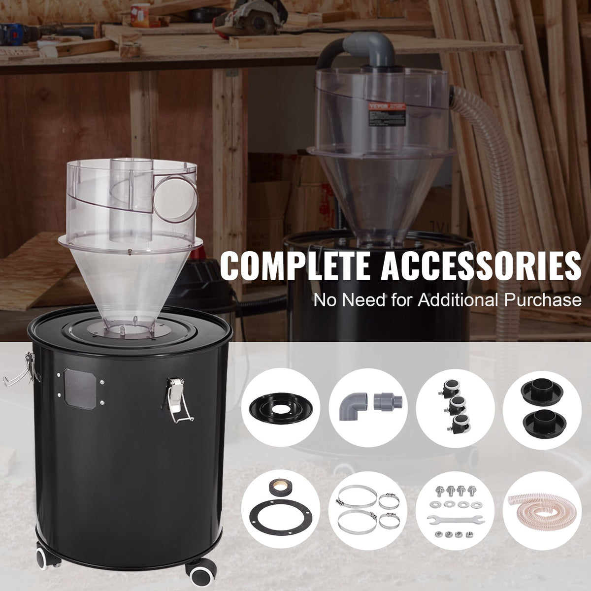 VEVOR Cyclone Dust Separator with Metal Tank, 4" Retrofit Cyclone Separator for Dust Collectors, ABS Dust Deputy With 2" Hole O.D. Connector & Hose for Wet/Dry Shop Vacuums, Fits 13.21 Gallon Tank - DTXFCCQTJZXBLCKLWV0 - view 7