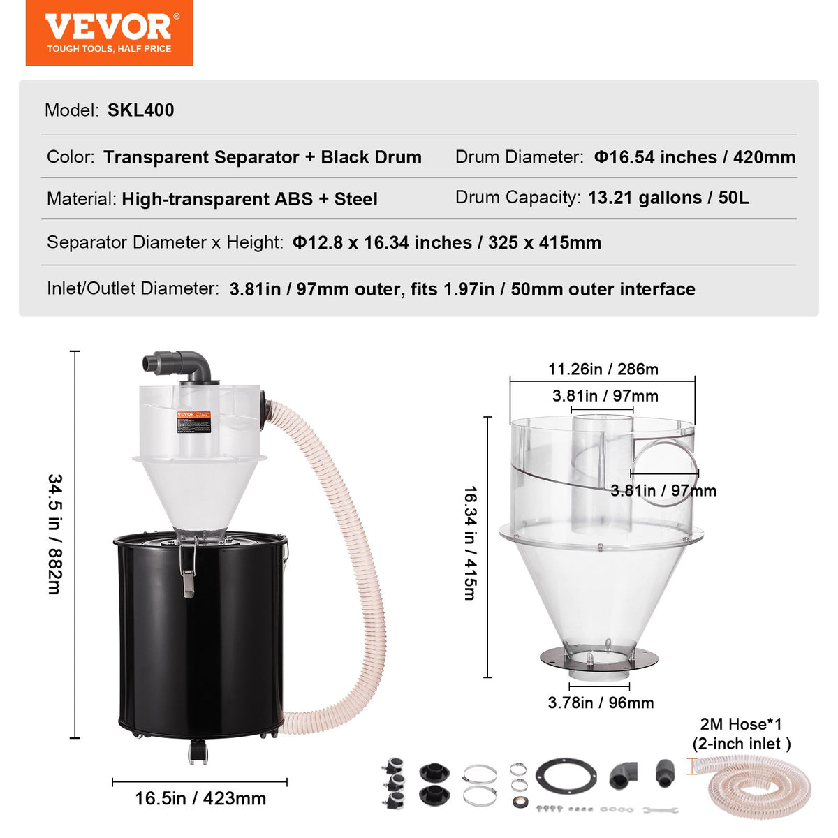 VEVOR Cyclone Dust Separator with Metal Tank, 4" Retrofit Cyclone Separator for Dust Collectors, ABS Dust Deputy With 2" Hole O.D. Connector & Hose for Wet/Dry Shop Vacuums, Fits 13.21 Gallon Tank - DTXFCCQTJZXBLCKLWV0 - view 8