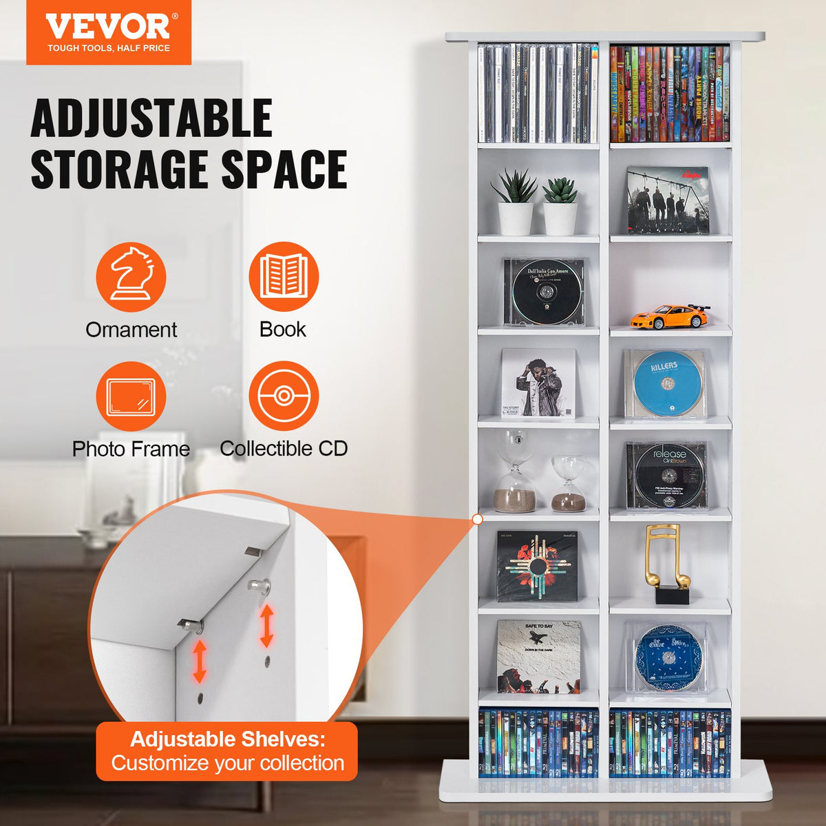VEVOR Media Storage Cabinet, 8-layer DVD Shelf Holds up to 464 CDs, Adjustable CD Shelves 16 Compartments, Protects & Organizes Music, Movie, Video Games or Memorabilia Collections, White - DVDCDCCJKFS1YOOIZV0 - view 3