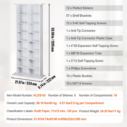 VEVOR Media Storage Cabinet, 8-layer DVD Shelf Holds up to 464 CDs, Adjustable CD Shelves 16 Compartments, Protects & Organizes Music, Movie, Video Games or Memorabilia Collections, White - DVDCDCCJKFS1YOOIZV0 - view 8