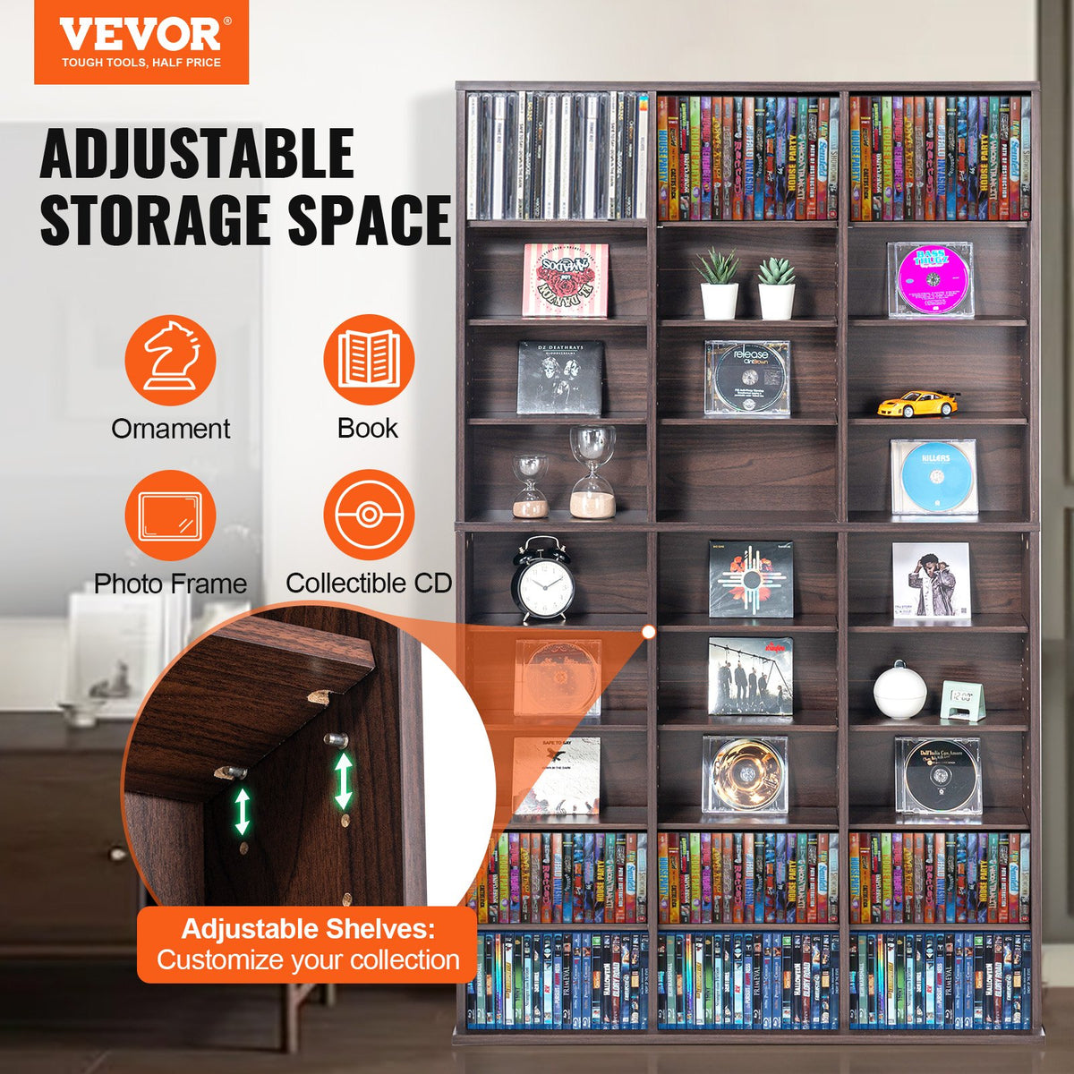 VEVOR Media Storage Cabinet, 9-layer DVD Shelf Holds up to 756 CDs, Adjustable CD Shelves 27 Compartments, Protects & Organizes Music, Movie, Video Games or Memorabilia Collections, Espresso - DVDCDCCJKFS2574OVV0 - view 3