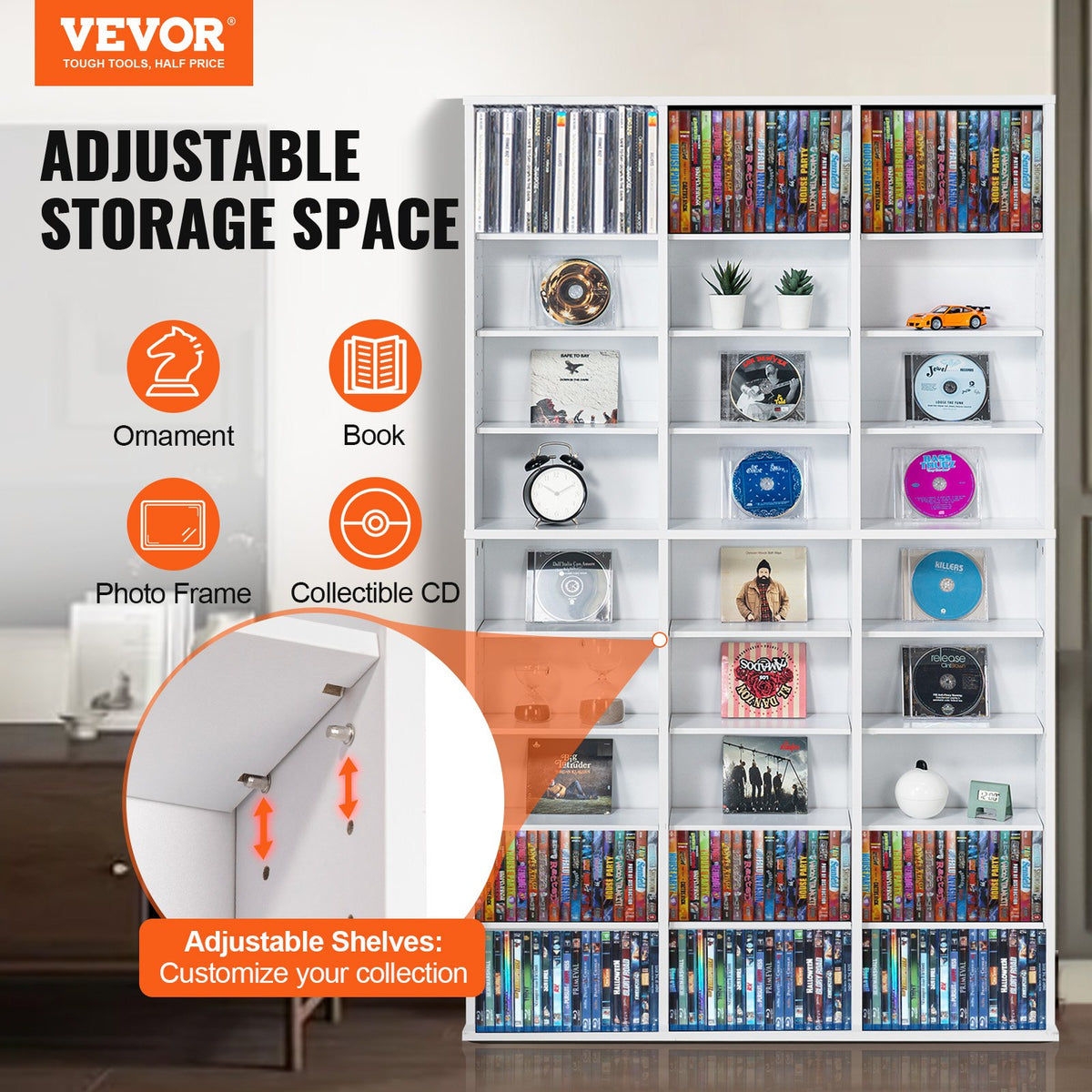VEVOR Media Storage Cabinet, 9-layer DVD Shelf Holds up to 756 CDs, Adjustable CD Shelves 27 Compartments, Protects & Organizes Music, Movie, Video Games or Memorabilia Collections,White - DVDCDCCJKFS26LT9HV0 - view 3