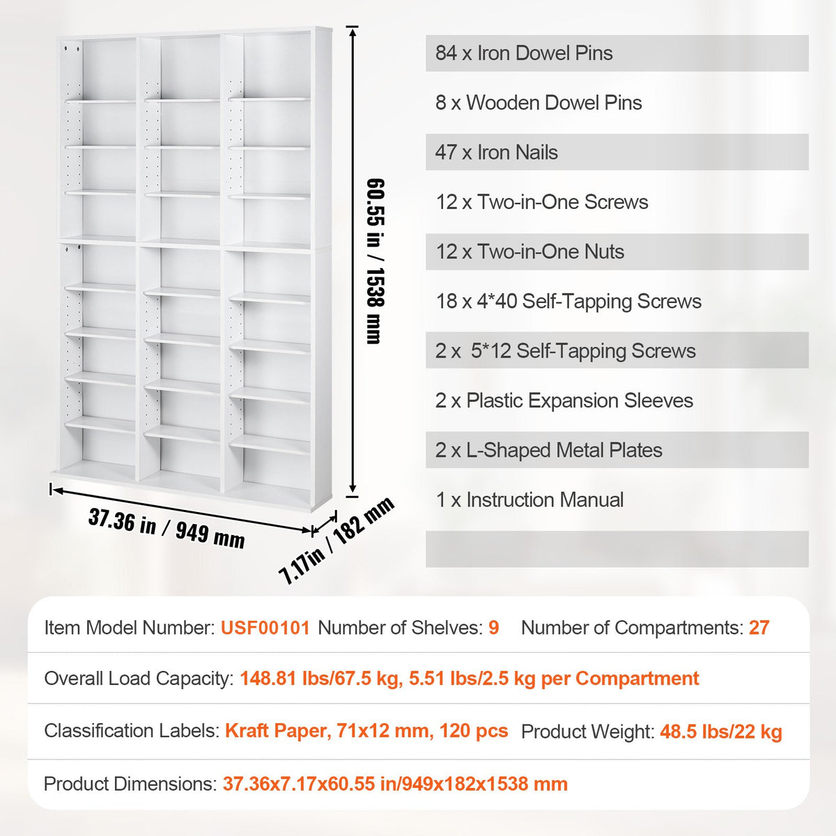 VEVOR Media Storage Cabinet, 9-layer DVD Shelf Holds up to 756 CDs, Adjustable CD Shelves 27 Compartments, Protects & Organizes Music, Movie, Video Games or Memorabilia Collections,White - DVDCDCCJKFS26LT9HV0 - view 8
