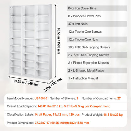 VEVOR Media Storage Cabinet, 9-layer DVD Shelf Holds up to 756 CDs, Adjustable CD Shelves 27 Compartments, Protects & Organizes Music, Movie, Video Games or Memorabilia Collections,White - DVDCDCCJKFS26LT9HV0 - view 8