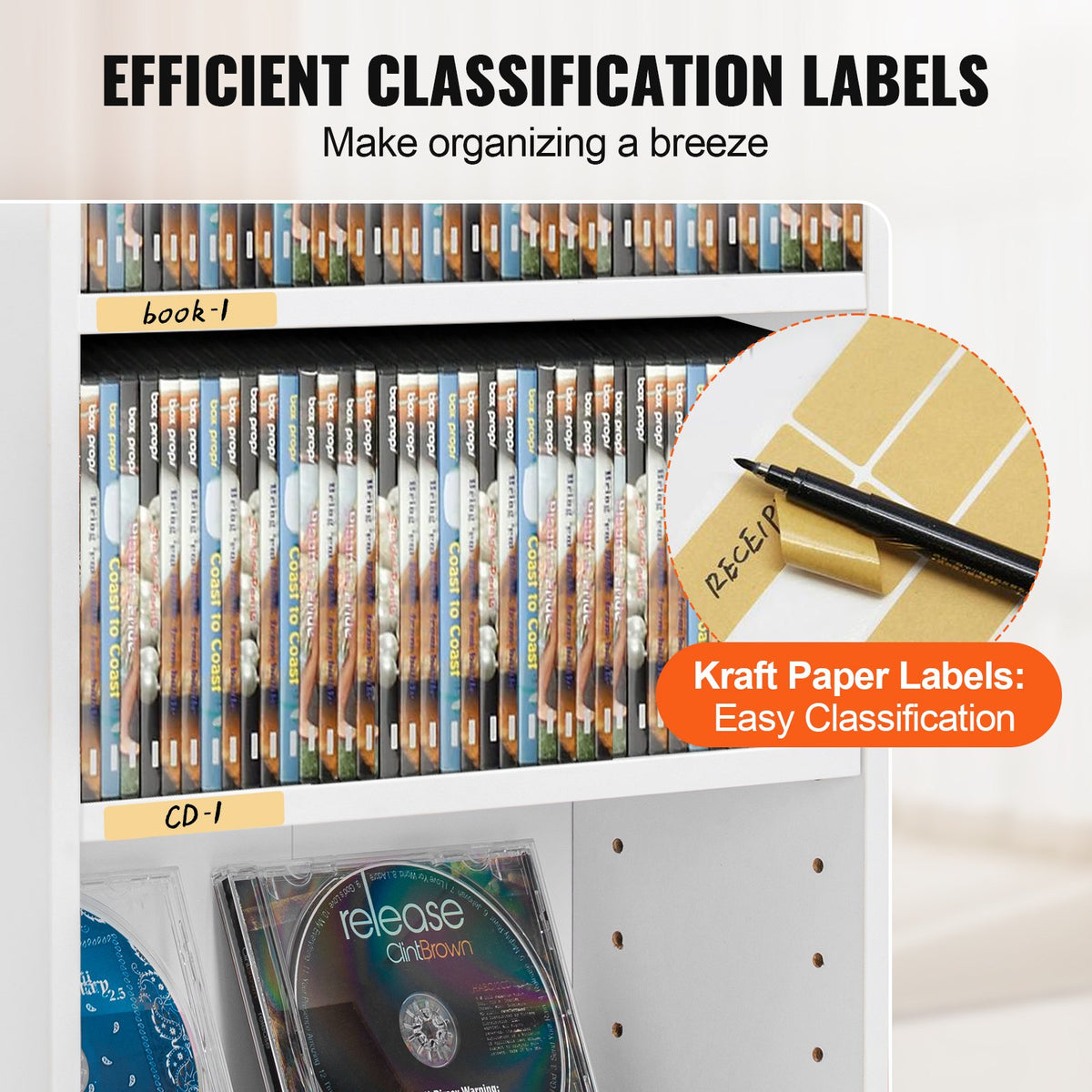 VEVOR Media Storage Cabinet, 5-layer DVD Shelf Holds up to 240 CDs, Adjustable CD Shelves, Protects & Organizes Music, Movie, Video Games or Memorabilia Collections, White - DVDCDCCJKFS5OIC88V0 - view 6