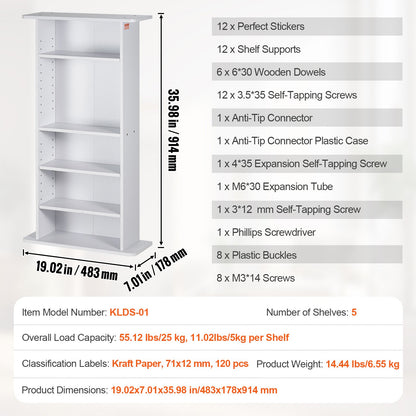 VEVOR Media Storage Cabinet, 5-layer DVD Shelf Holds up to 240 CDs, Adjustable CD Shelves, Protects & Organizes Music, Movie, Video Games or Memorabilia Collections, White - DVDCDCCJKFS5OIC88V0 - view 8