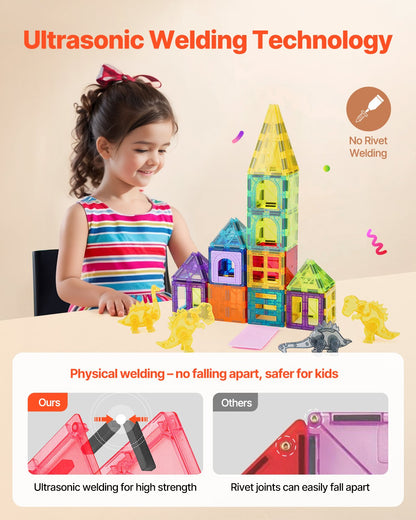 VEVOR Magnetic Tiles, 56 PCS Magnetic Animals Building Blocks for Kids, Magnet Building Set with 4 Dinosaurs, STEM Sensory Educational Construction Stacking Toys Gift for Toddlers Boys Girls Aged 3+ - DWKCLPJMTZ56SUUVEV0 - view 3