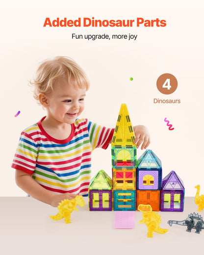 VEVOR Magnetic Tiles, 56 PCS Magnetic Animals Building Blocks for Kids, Magnet Building Set with 4 Dinosaurs, STEM Sensory Educational Construction Stacking Toys Gift for Toddlers Boys Girls Aged 3+ - DWKCLPJMTZ56SUUVEV0 - view 4