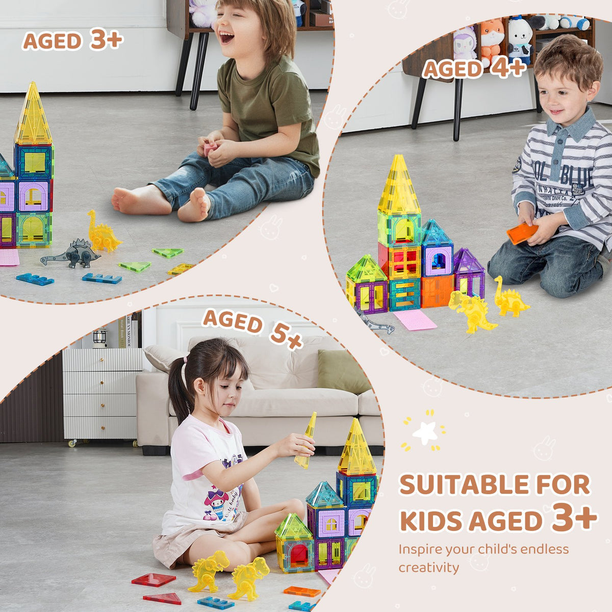 VEVOR Magnetic Tiles, 56 PCS Magnetic Animals Building Blocks for Kids, Magnet Building Set with 4 Dinosaurs, STEM Sensory Educational Construction Stacking Toys Gift for Toddlers Boys Girls Aged 3+ - DWKCLPJMTZ56SUUVEV0 - view 5