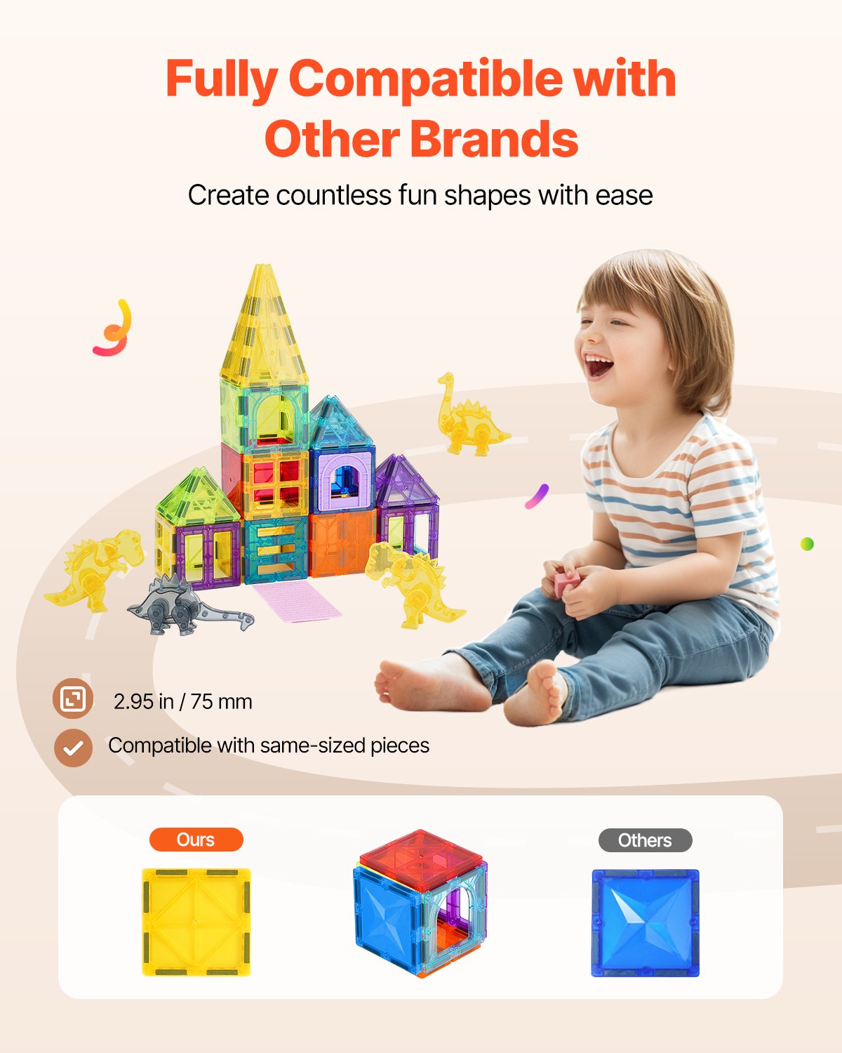 VEVOR Magnetic Tiles, 56 PCS Magnetic Animals Building Blocks for Kids, Magnet Building Set with 4 Dinosaurs, STEM Sensory Educational Construction Stacking Toys Gift for Toddlers Boys Girls Aged 3+ - DWKCLPJMTZ56SUUVEV0 - view 6