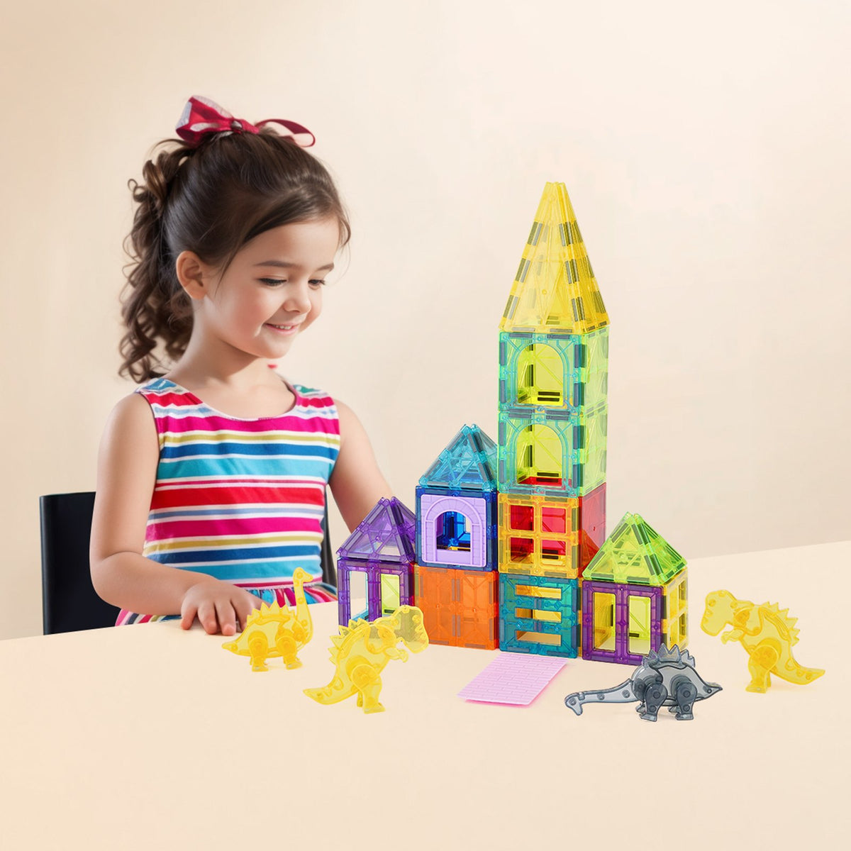 VEVOR Magnetic Tiles, 56 PCS Magnetic Animals Building Blocks for Kids, Magnet Building Set with 4 Dinosaurs, STEM Sensory Educational Construction Stacking Toys Gift for Toddlers Boys Girls Aged 3+ - DWKCLPJMTZ56SUUVEV0 - view 9