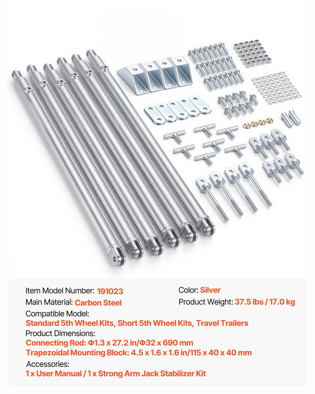 VEVOR JT's Strong Arm Jack Stabilizer Kit 191023, Fits for 5th Wheel RV and Travel Trailer Kit, Fifth-Wheel Jack Stabilizer for Telescopic System, Reduces Chassis Movement, Easy Bolt-On Installation - DWLQLJOEMM19WLHRK002V0 - view 8