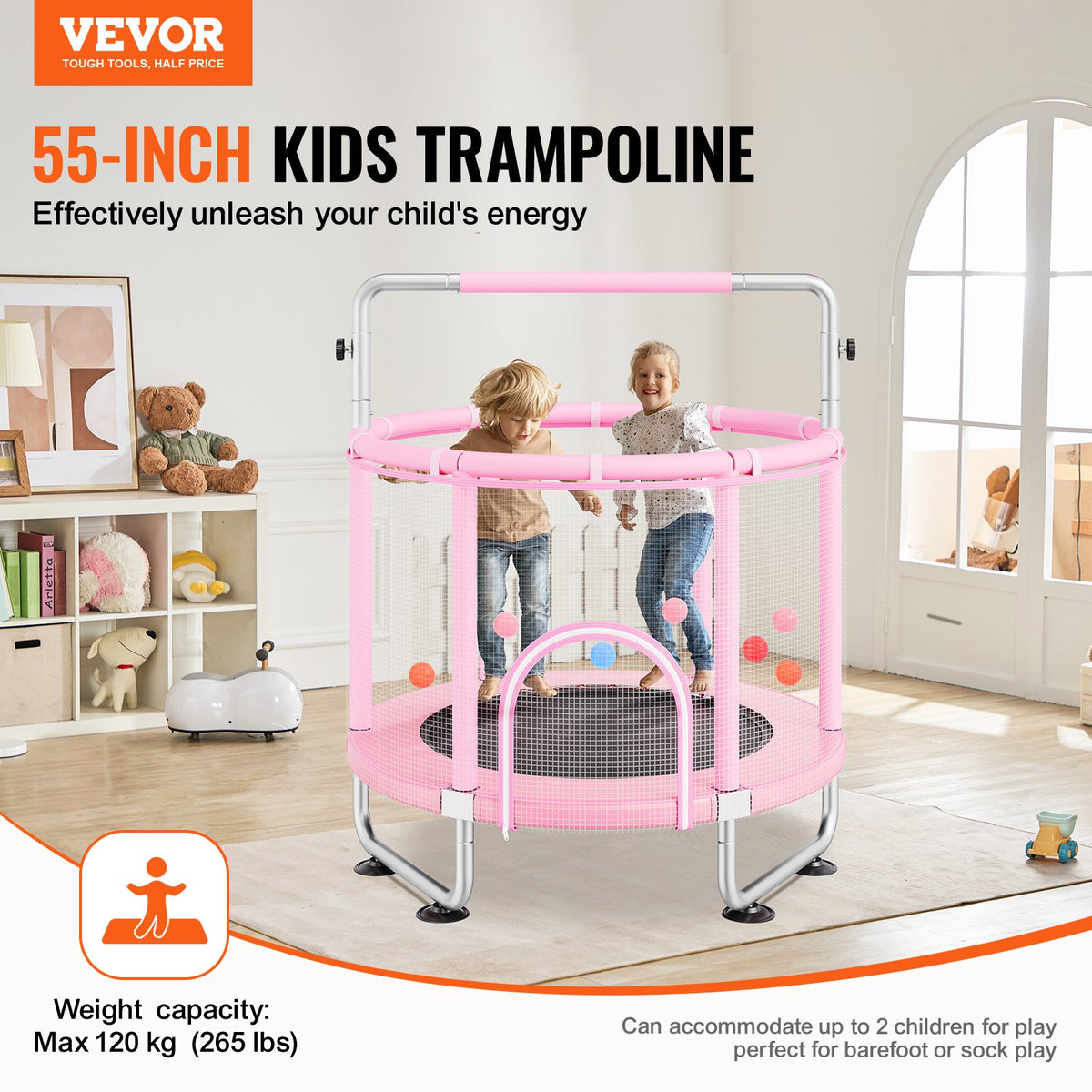 VEVOR 55" Kids Trampoline, 4.6FT Indoor Outdoor Trampoline, Mini Toddler Recreational Trampolinewith Safety Enclosure Net and Basketball Hoop, Birthday Gifts Christmas Toys for 3+ Years Children, Pink - DWYXBC55CDWYUF9SBV0 - view 3