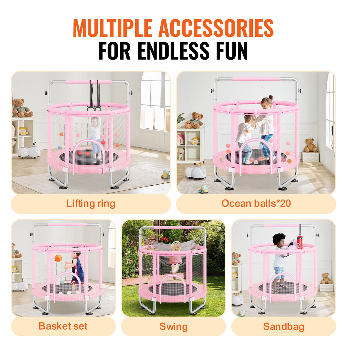 VEVOR 55" Kids Trampoline, 4.6FT Indoor Outdoor Trampoline, Mini Toddler Recreational Trampolinewith Safety Enclosure Net and Basketball Hoop, Birthday Gifts Christmas Toys for 3+ Years Children, Pink - DWYXBC55CDWYUF9SBV0 - view 5