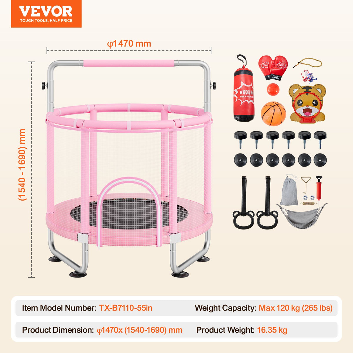 VEVOR 55" Kids Trampoline, 4.6FT Indoor Outdoor Trampoline, Mini Toddler Recreational Trampolinewith Safety Enclosure Net and Basketball Hoop, Birthday Gifts Christmas Toys for 3+ Years Children, Pink - DWYXBC55CDWYUF9SBV0 - view 8