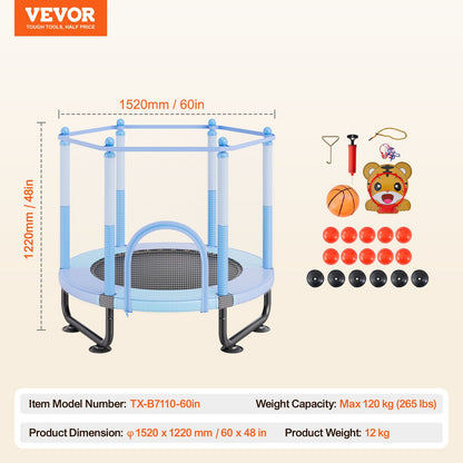 VEVOR 60" Kids Trampoline, 5FT Indoor Outdoor Trampoline, Mini Toddler Recreational Trampolinewith Safety Enclosure Net and Basketball Hoop, Birthday Gifts Christmas Toys for 3+ Years Children, Blue - DWYXBC60YCDW6KFK8V0 - view 8