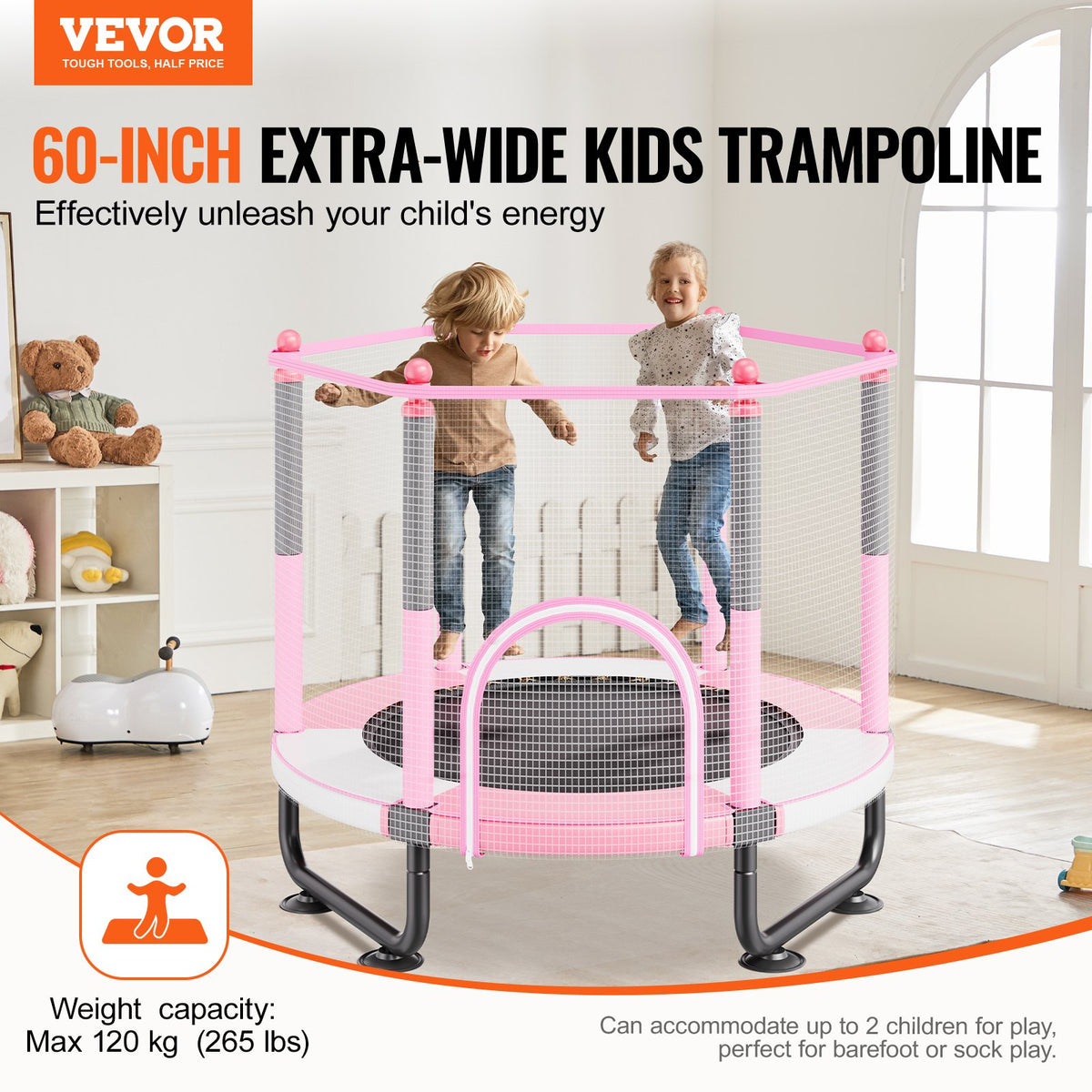 VEVOR 60" Kids Trampoline, 5FT Indoor Outdoor Trampoline, Mini Toddler Recreational Trampolinewith Safety Enclosure Net and Basketball Hoop, Birthday Gifts Christmas Toys for 3+ Years Children, Pink - DWYXBC60YCDW7VQVTV0 - view 3