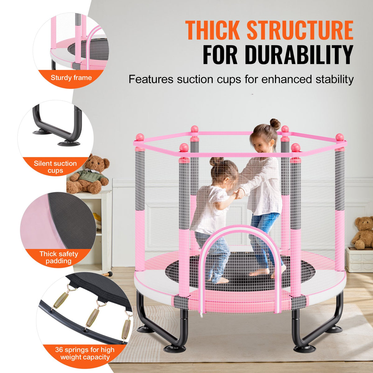 VEVOR 60" Kids Trampoline, 5FT Indoor Outdoor Trampoline, Mini Toddler Recreational Trampolinewith Safety Enclosure Net and Basketball Hoop, Birthday Gifts Christmas Toys for 3+ Years Children, Pink - DWYXBC60YCDW7VQVTV0 - view 6