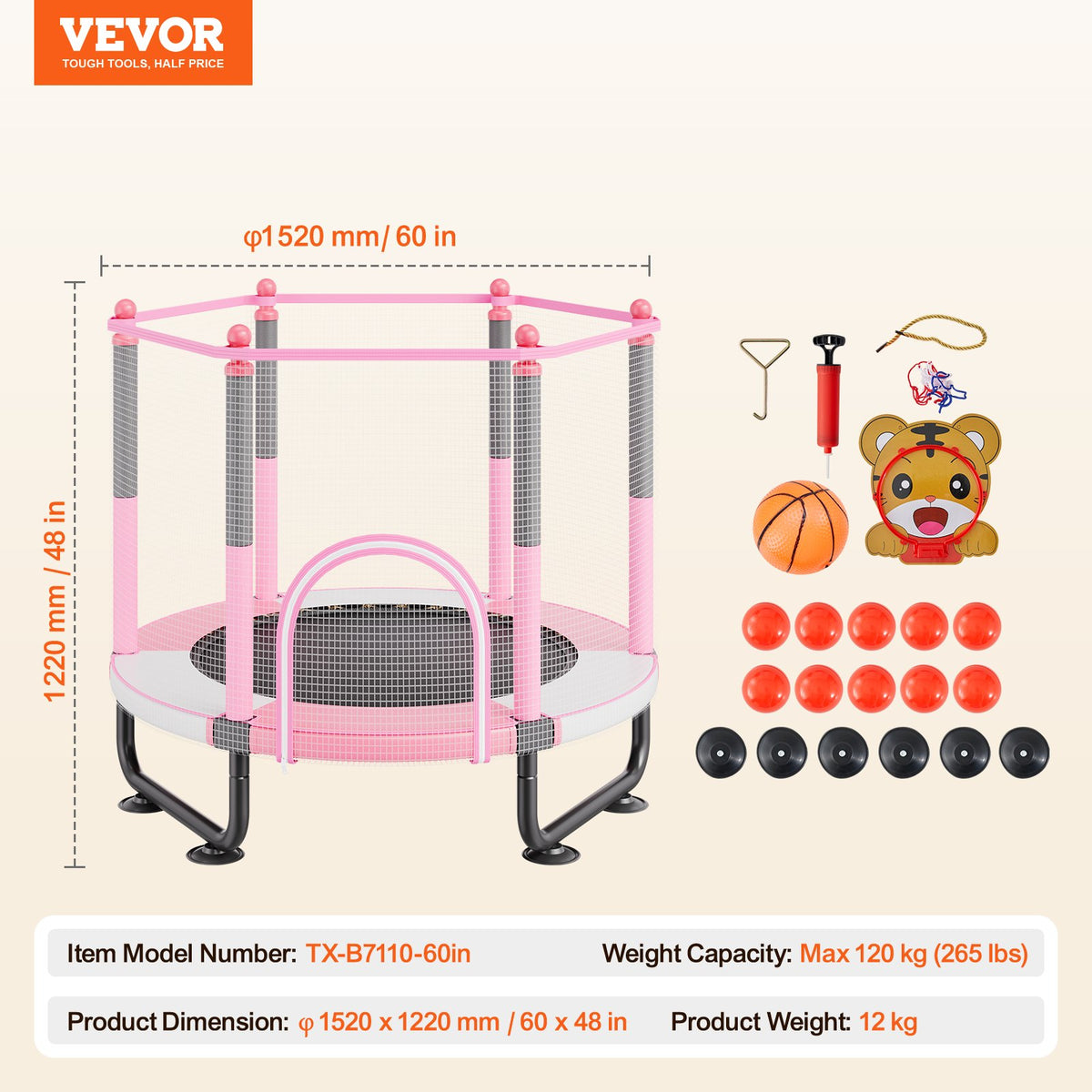 VEVOR 60" Kids Trampoline, 5FT Indoor Outdoor Trampoline, Mini Toddler Recreational Trampolinewith Safety Enclosure Net and Basketball Hoop, Birthday Gifts Christmas Toys for 3+ Years Children, Pink - DWYXBC60YCDW7VQVTV0 - view 8