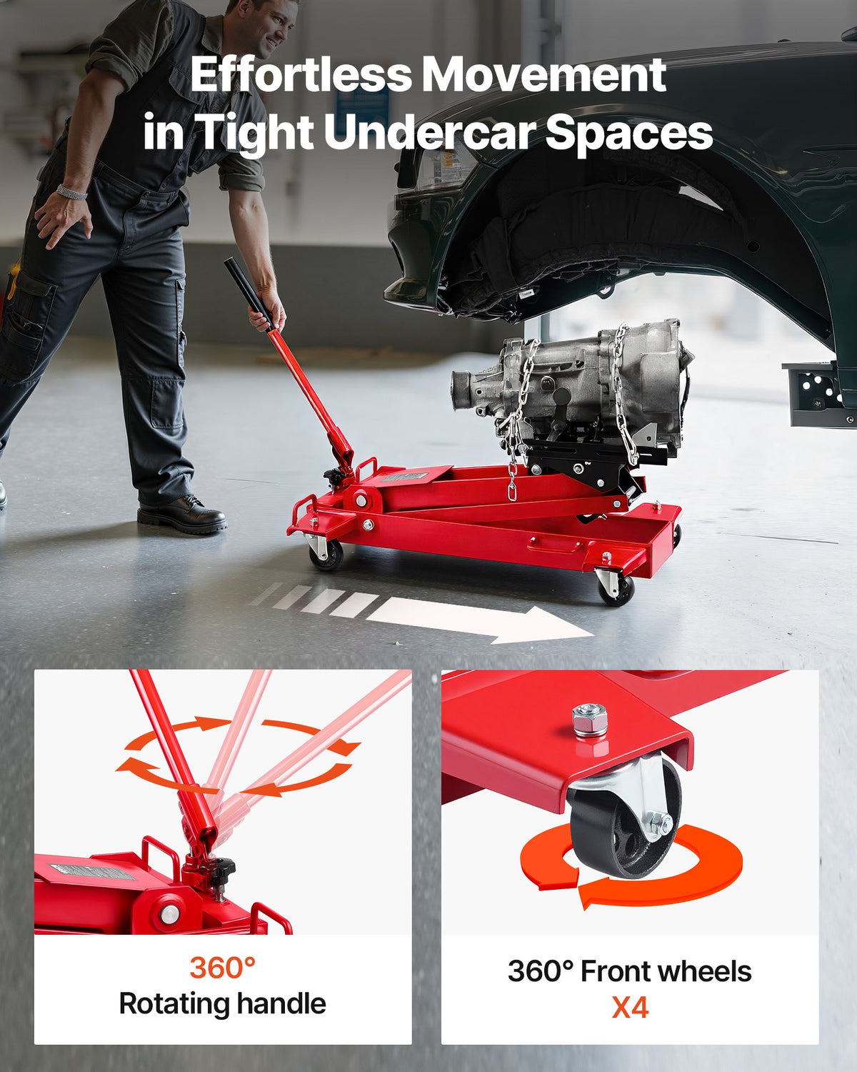 VEVOR Low Profile Floor Jack, 2200 lbs / 1 Ton Lifting Capacity Telescoping Transmission Floor Jack, 7.28-27.6 in Lifting Height, Flexible 360° Swivel wheels, Heavy-Duty Lift Hoist for Garage/Shop - DWYYQJDHS220DJN5M001V0 - view 7