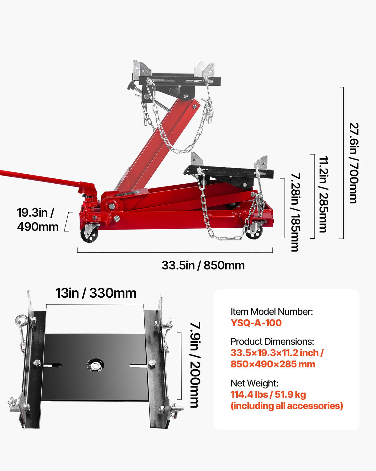 VEVOR Low Profile Floor Jack, 2200 lbs / 1 Ton Lifting Capacity Telescoping Transmission Floor Jack, 7.28-27.6 in Lifting Height, Flexible 360° Swivel wheels, Heavy-Duty Lift Hoist for Garage/Shop - DWYYQJDHS220DJN5M001V0 - view 8