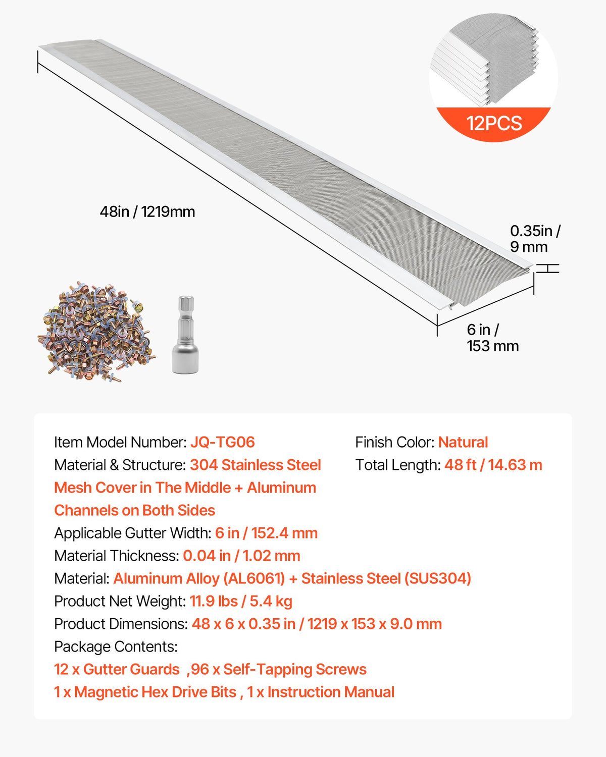 VEVOR Gutter Guard, 6 in Aluminum Gutter Cover with Stainless Steel Micro Mesh, Heavy-Duty 48ft Length, 0.04in Thick, Leaf Guard for Debris and Pine Needles, Easy DIY Install, Screws Included, 12 PCS - DWZTGGBBXGWLNM2QA001V0 - view 8