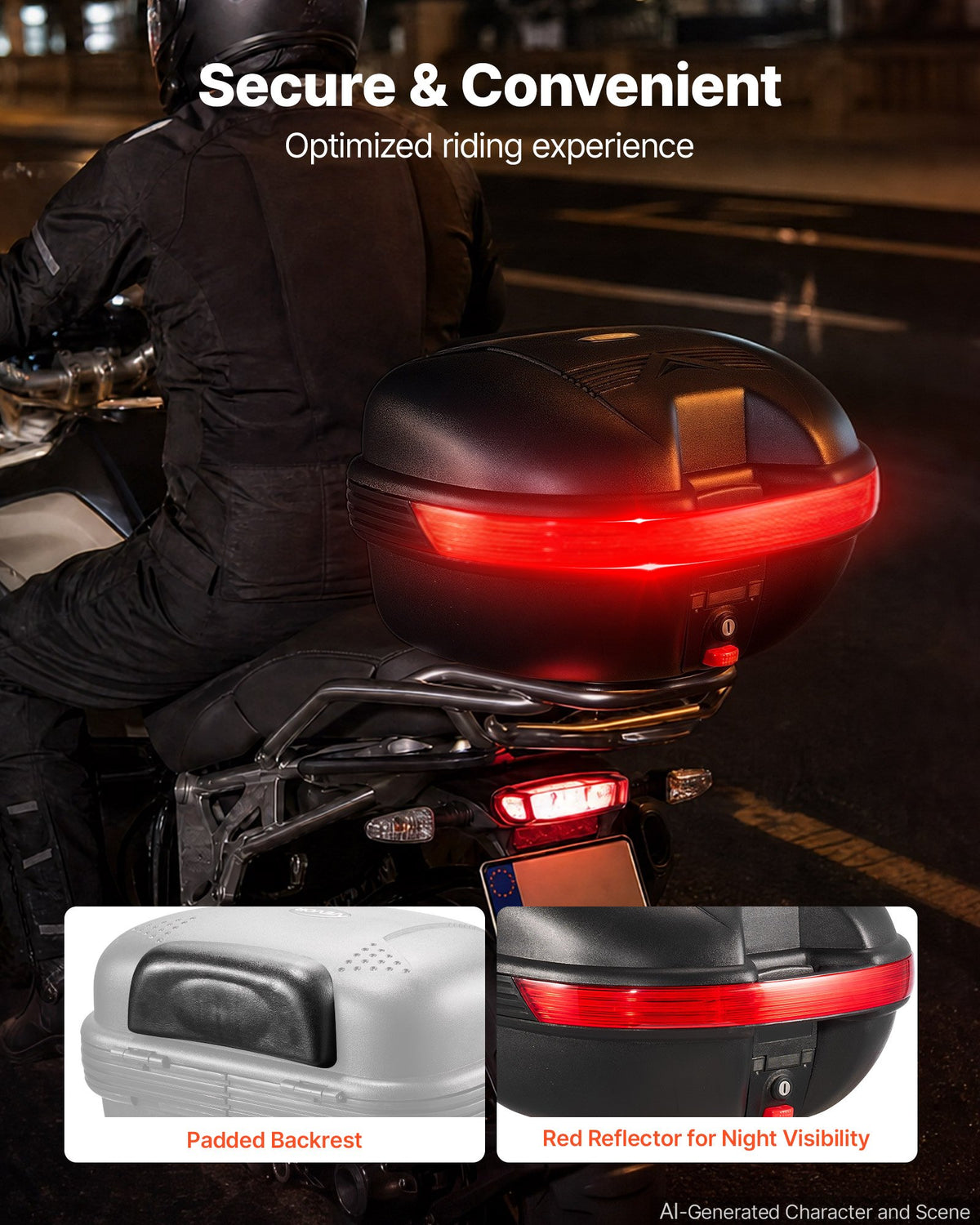 VEVOR Motorcycle Top Case 30L Universal Waterproof PP Motorcycle Tail Case, Detachable Motorbike Top Box with Security Lock & Backrest for Luggage Storage - DX30LPPHSTYX2K6PE001V0 - view 7