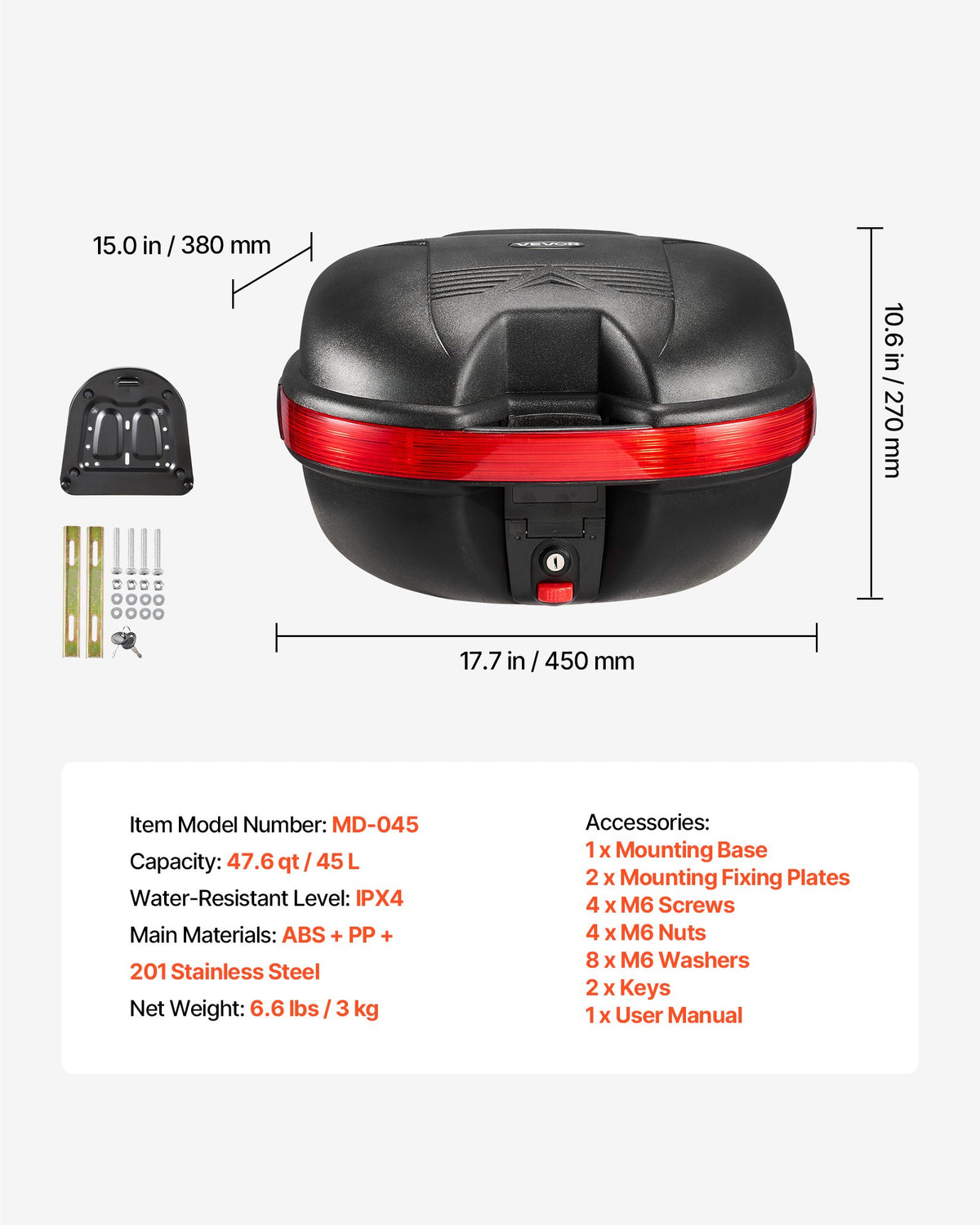 VEVOR Motorcycle Top Case 30L Universal Waterproof PP Motorcycle Tail Case, Detachable Motorbike Top Box with Security Lock & Backrest for Luggage Storage - DX30LPPHSTYX2K6PE001V0 - view 8