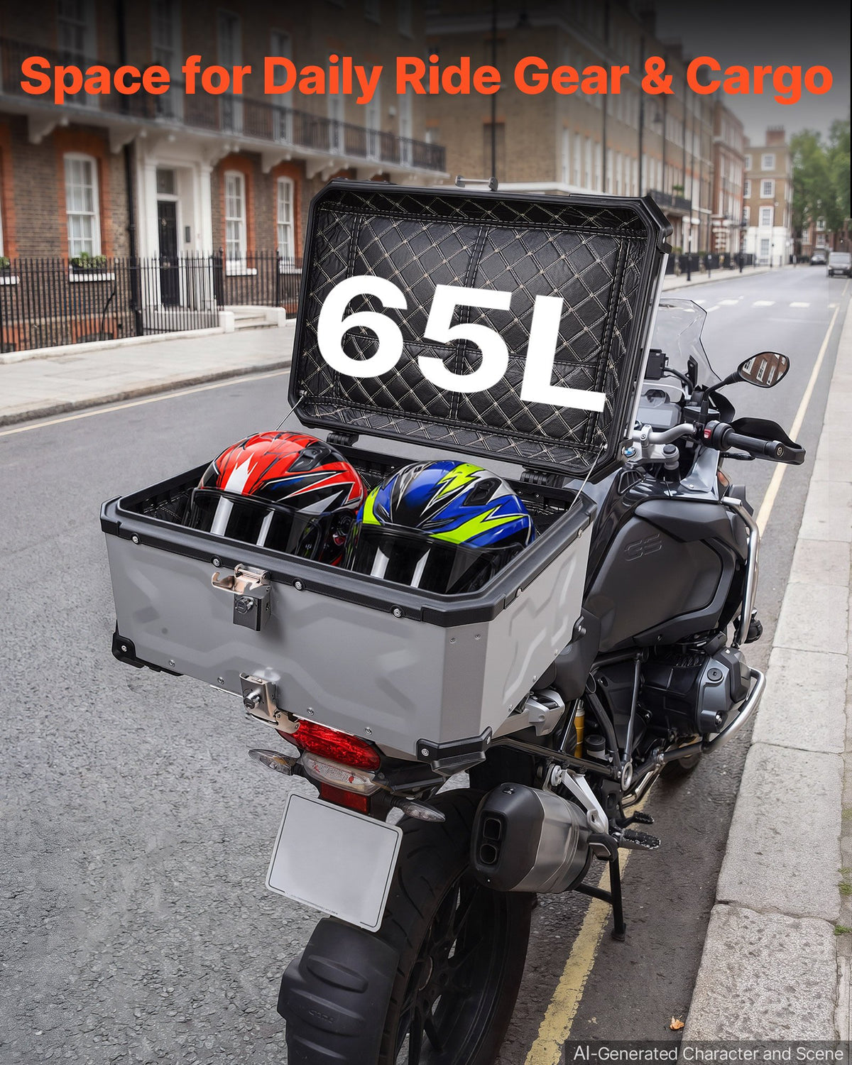 VEVOR Motorcycle Top Case, 65L Universal Aluminum Hard Motorcycle Tail Case, Waterproof Detachable Motorbike Top Box with Security Lock & Leather Liner for Helmets Storage - DX65LLHJYSTY1F8E8001V0 - view 4