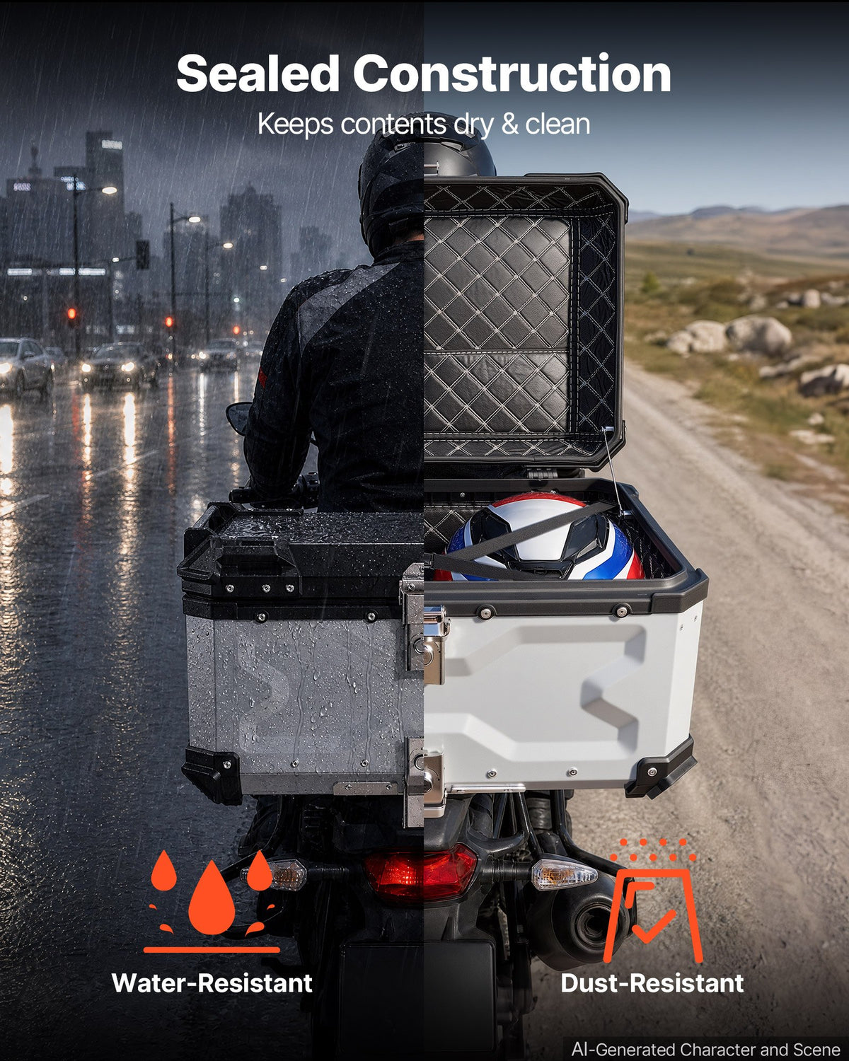 VEVOR Motorcycle Top Case, 65L Universal Aluminum Hard Motorcycle Tail Case, Waterproof Detachable Motorbike Top Box with Security Lock & Leather Liner for Helmets Storage - DX65LLHJYSTY1F8E8001V0 - view 5
