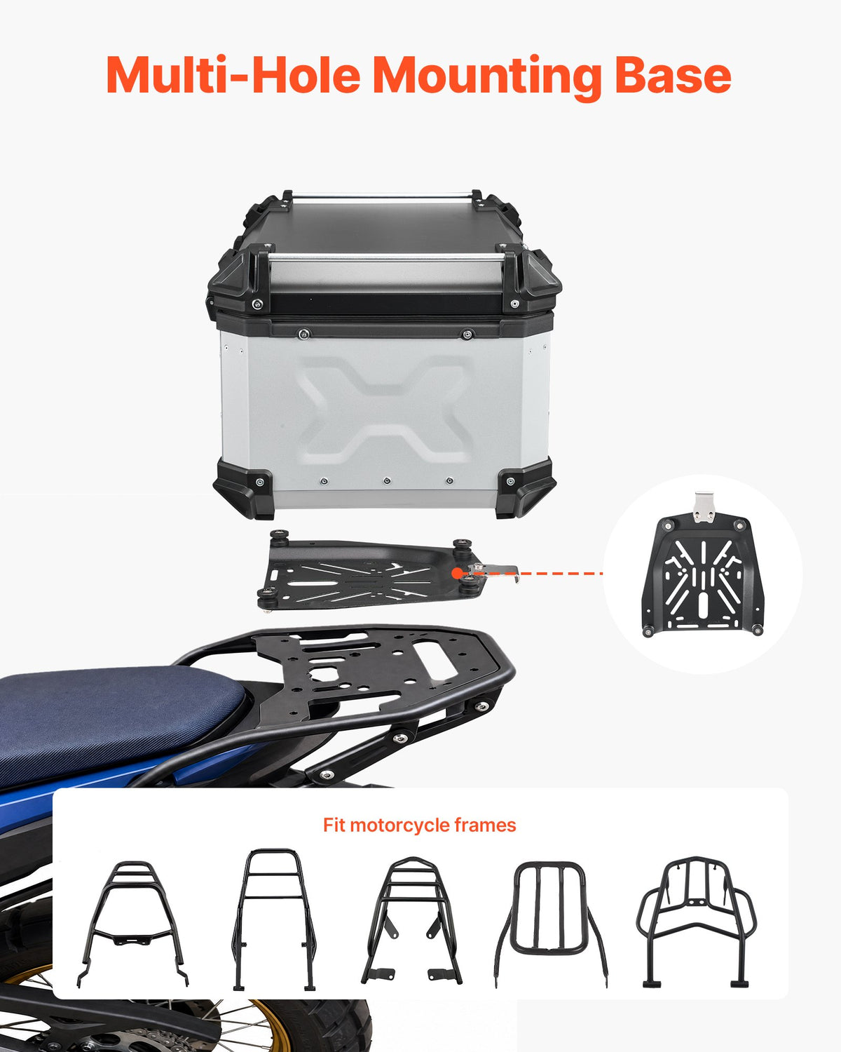 VEVOR Motorcycle Top Case, 65L Universal Aluminum Hard Motorcycle Tail Case, Waterproof Detachable Motorbike Top Box with Security Lock & Leather Liner for Helmets Storage - DX65LLHJYSTY1F8E8001V0 - view 6