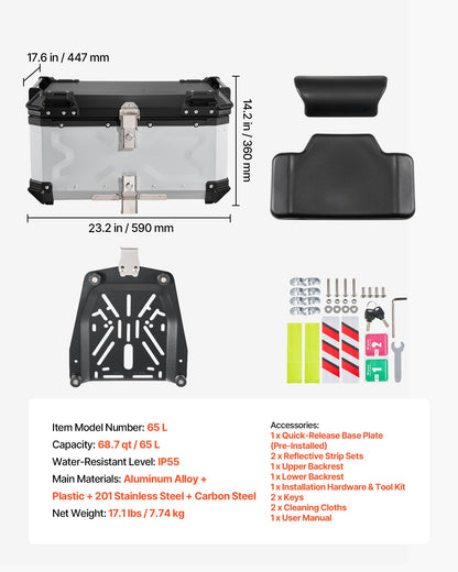 VEVOR Motorcycle Top Case, 65L Universal Aluminum Hard Motorcycle Tail Case, Waterproof Detachable Motorbike Top Box with Security Lock & Leather Liner for Helmets Storage - DX65LLHJYSTY1F8E8001V0 - view 8