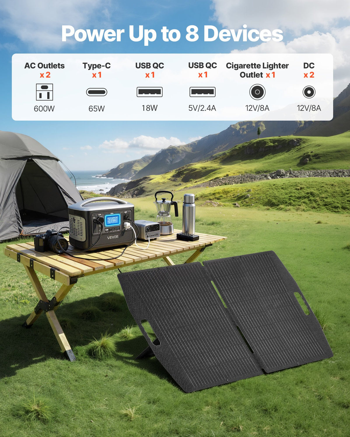 VEVOR Portable Power Station with 100W Solar Panel, 600W Solar Generator Power Station, 493Wh LiFePO4 Battery Backup with 8 Output Ports for Home Emergency, Outdoor Camping, RV Travel - DXCNDYTJ1100D3D0E001V1 - view 7