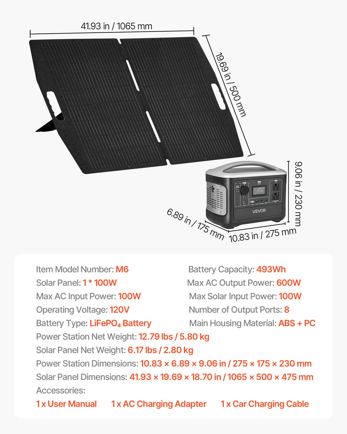 VEVOR Portable Power Station with 100W Solar Panel, 600W Solar Generator Power Station, 493Wh LiFePO4 Battery Backup with 8 Output Ports for Home Emergency, Outdoor Camping, RV Travel - DXCNDYTJ1100D3D0E001V1 - view 8