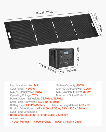 VEVOR Portable Power Station with 200W Solar Panel, 1200W Solar Generator Power Station, 806Wh LiFePO4 Battery Backup with 9 Output Ports for Home Emergency, Outdoor Camping, RV Travel - DXCNDYTJ12004XZMT001V1 - view 8