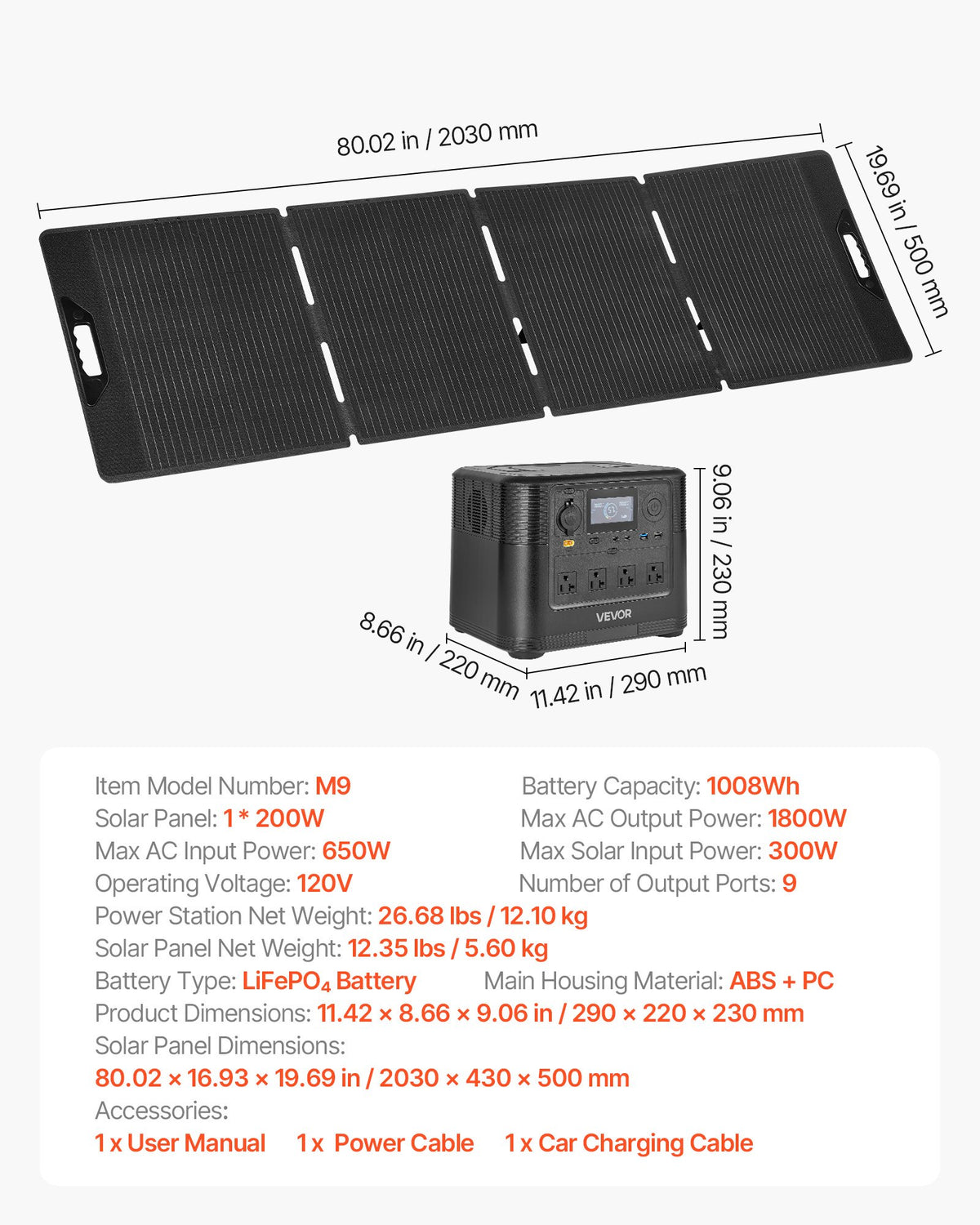 VEVOR Portable Power Station with 200W Solar Panel, 1800W Solar Generator Power Station, 1008Wh LiFePO4 Battery Backup with 9 Output Ports for for Home Emergency, Outdoor Camping, RV Travel - DXCNDYTJ1200T987R001V1 - view 8