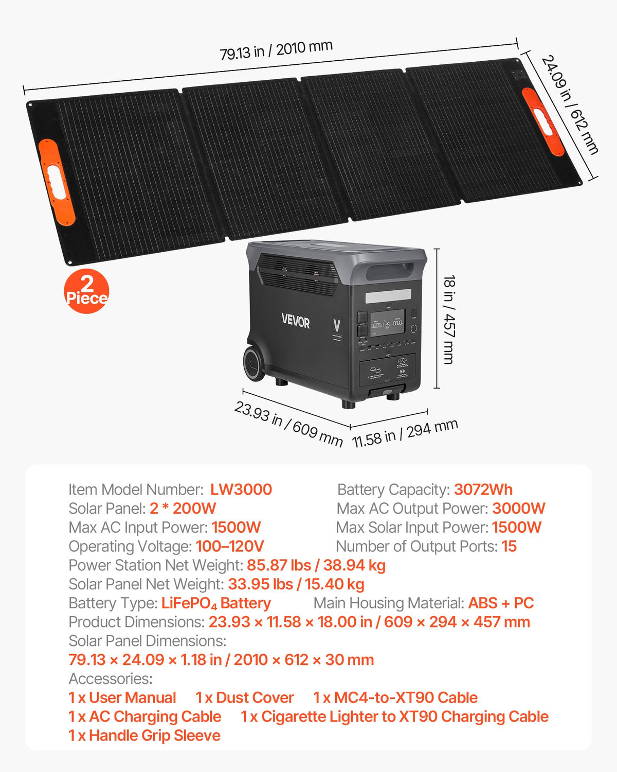 VEVOR Portable Power Station with 2PCS 200W Solar Panels, 3000W Solar Generator Power Station, 3072Wh LiFePO4 Battery Backup with 15 Output Ports for for Home Emergency, Outdoor Camping, RV Travel - DXCNDYTJ2200V2T2X001V1 - view 8