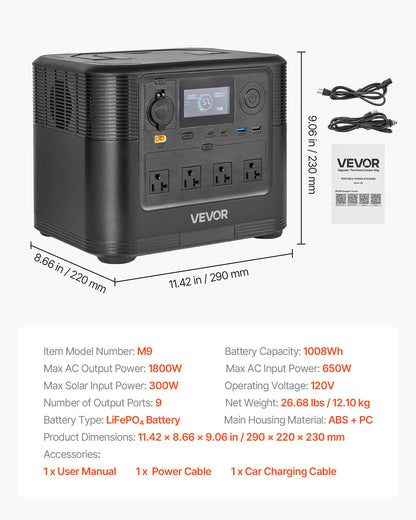 VEVOR Portable Power Station, 1800W Solar Generator Power Station, 1008Wh LiFePO4 Battery Backup with 9 Output Ports for for Home Emergency, Outdoor Camping, RV Travel (Solar Panel NOT Included) - DXCNDYWTYNB177DIF001V1 - view 8